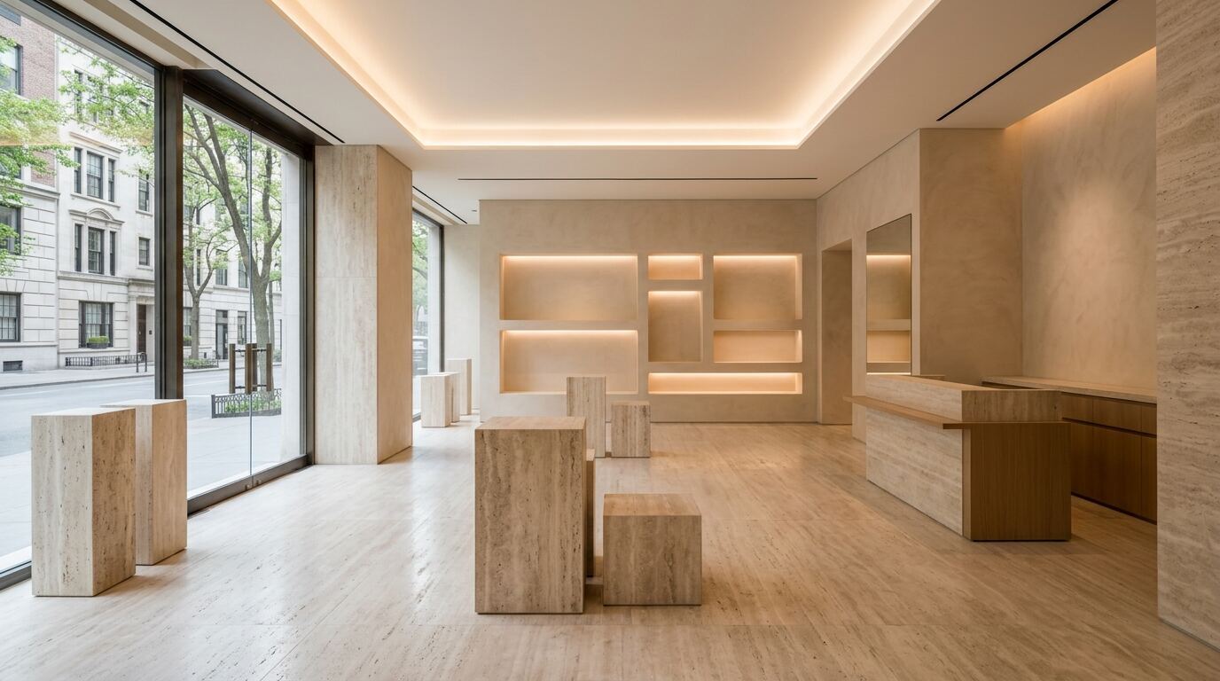 纽约商业展厅施工 新落成的精品展厅,石材展台与柔和线性灯光